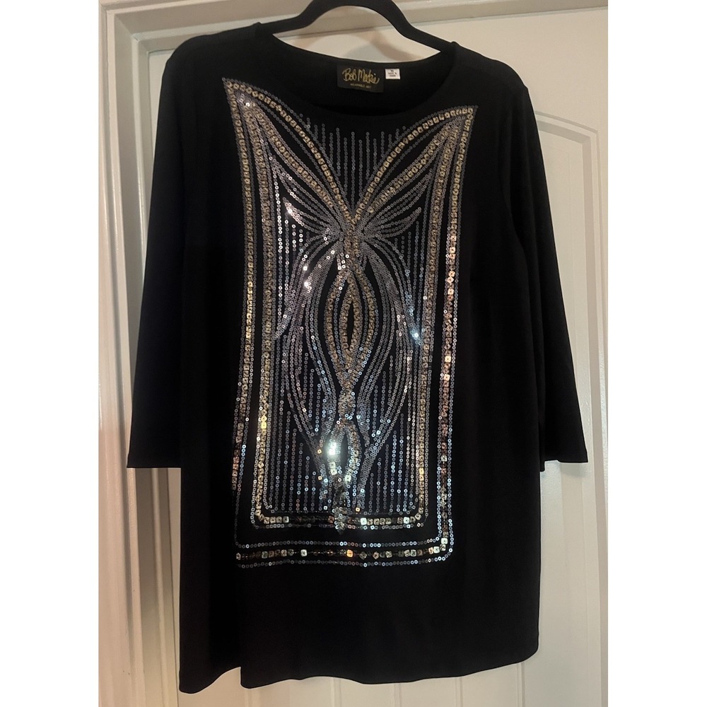 Bob Mackie Wearable Art Black Sequin Accent Top 3/4 Sleeve Size M Butterfly Knit